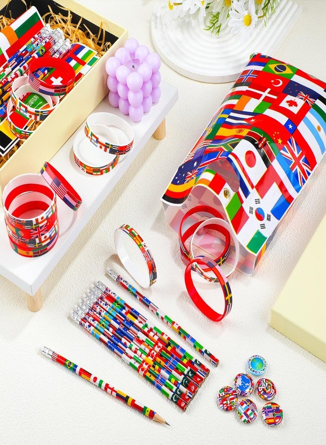 Supervitae 90 Pcs International World Flags Party Favor Accessory Include 30 Flags of World Nation Pencil 30 Rubber Wristband 30 Badge Button Pin for Travel Trip Around The Globe Back to School Decor - Image 3